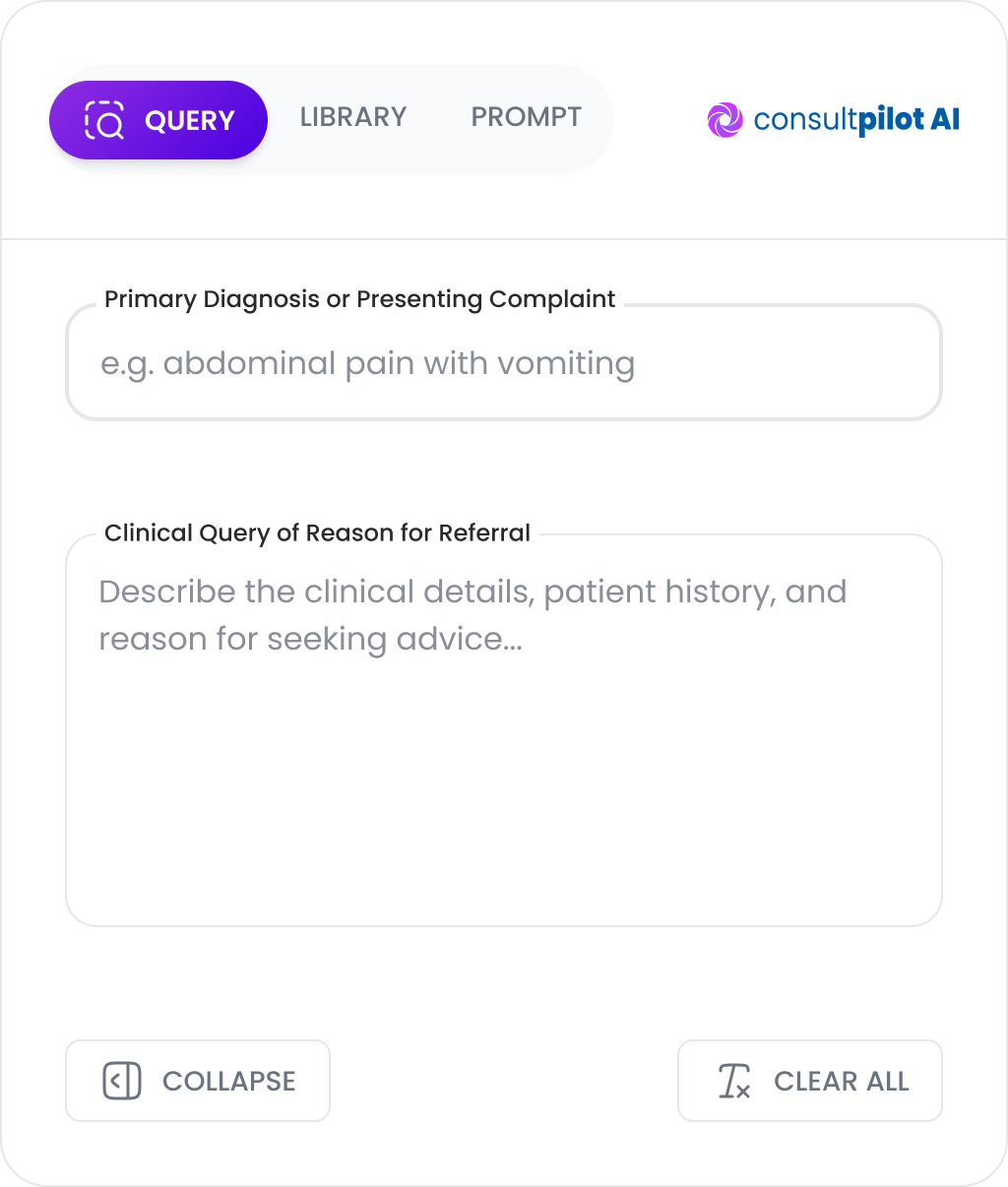Screenshot of the Consultpilot AI clinical decision support panel automatically triaging a patient referral and surfacing relevant clinical guidelines