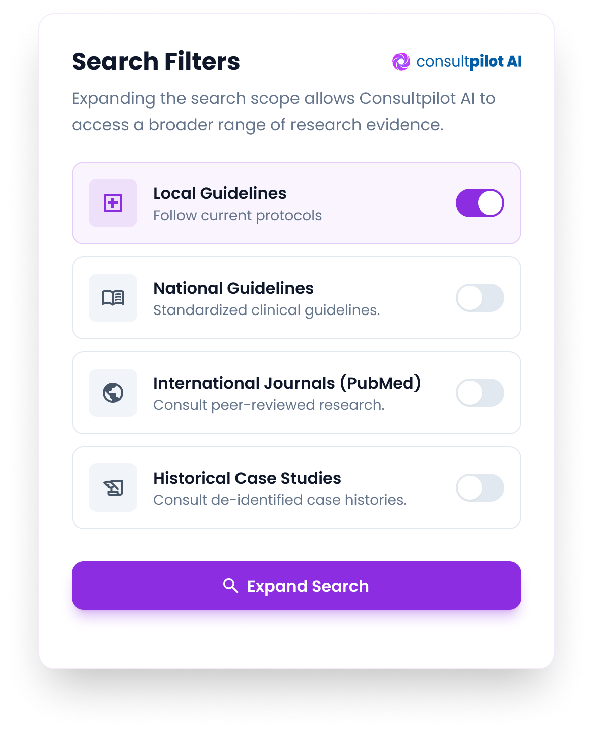 Screenshot of the Consultpilot AI search and filters panel with toggles for local database, document review and watched cases