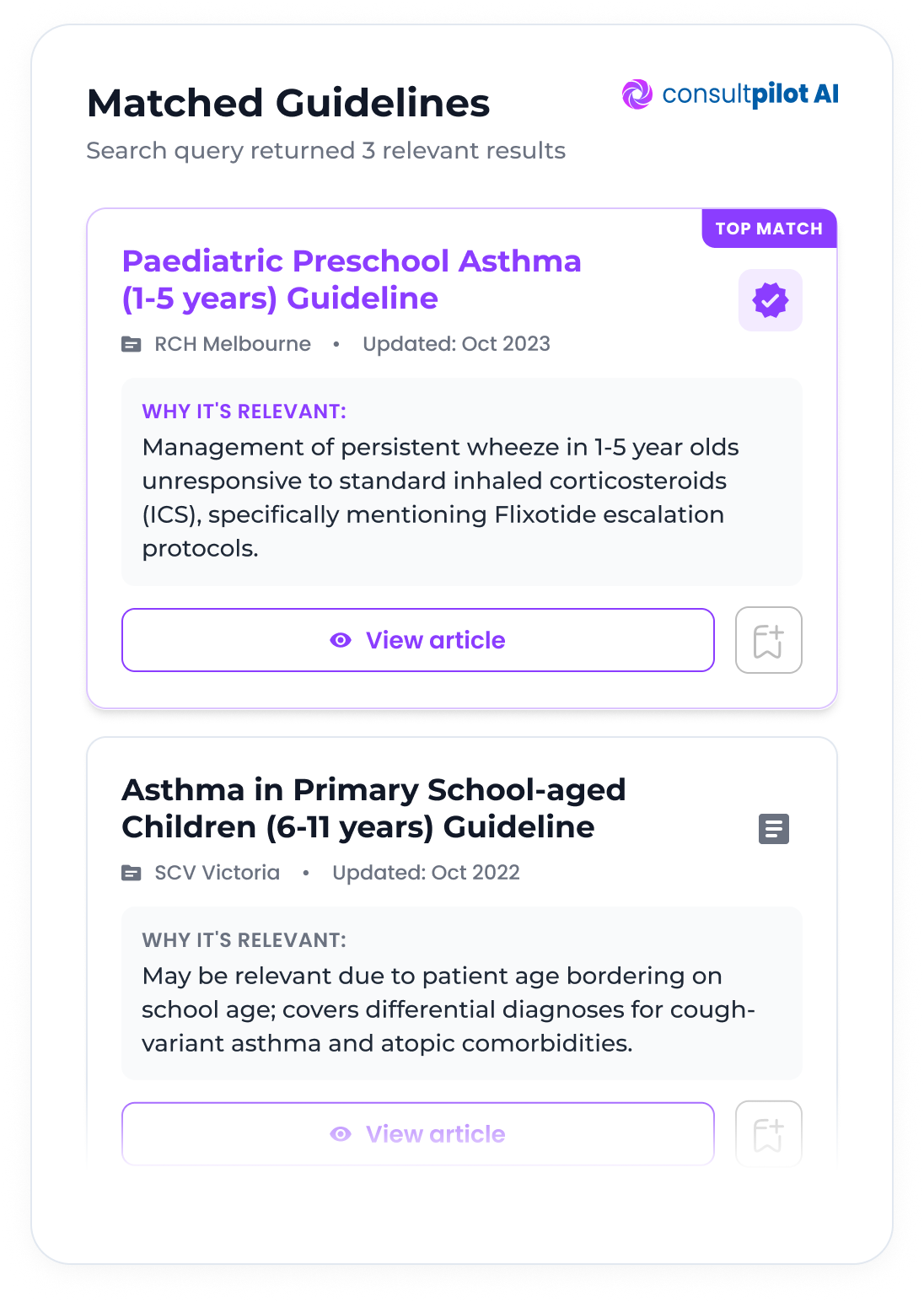 Screenshot of the Consultpilot AI matched guidelines list showing curated, verified clinical guidelines retrieved from the customer's vetted knowledge base